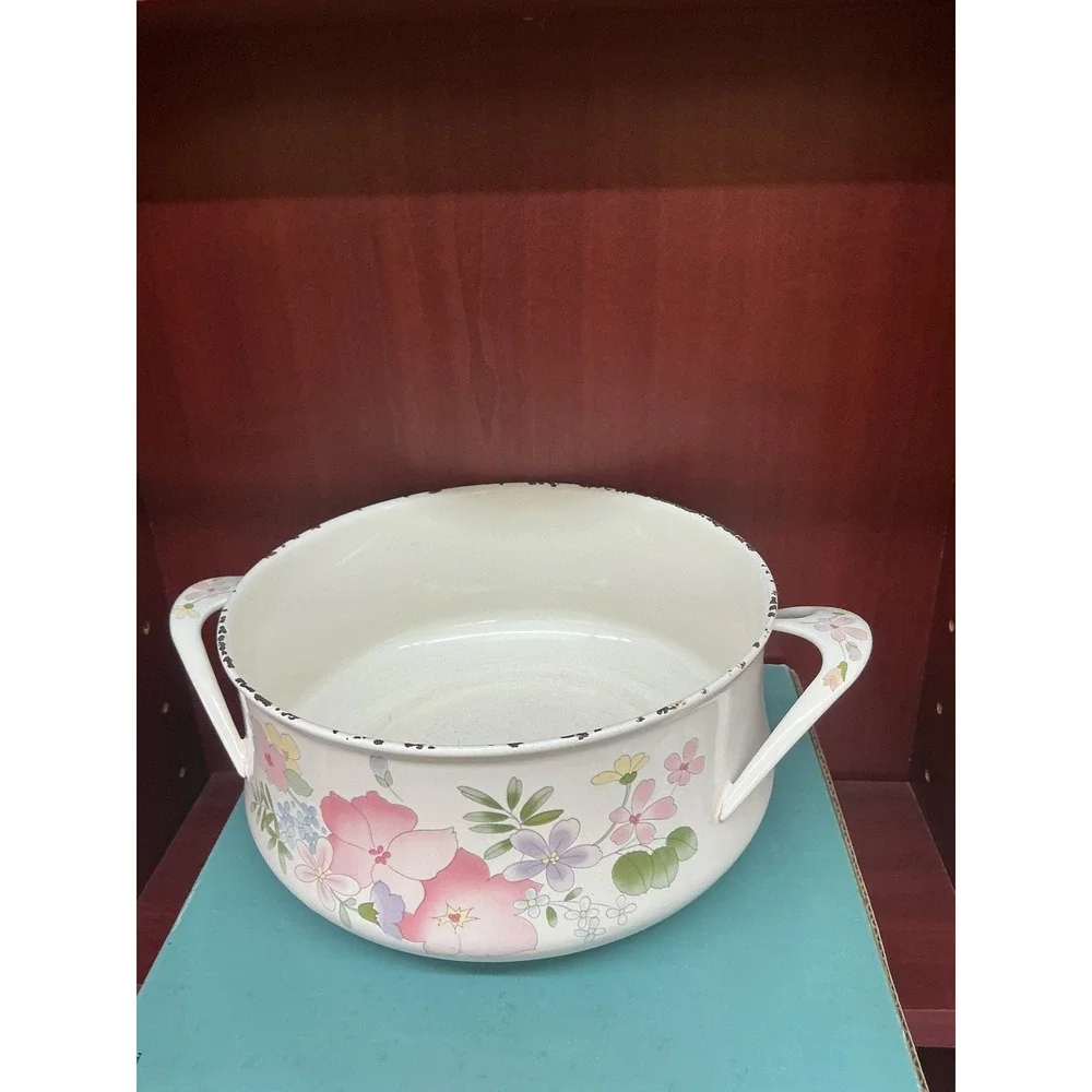 Kobe Cookware Japan Enamel Floral Stockpot Casserole Dish with Lid Vintage White